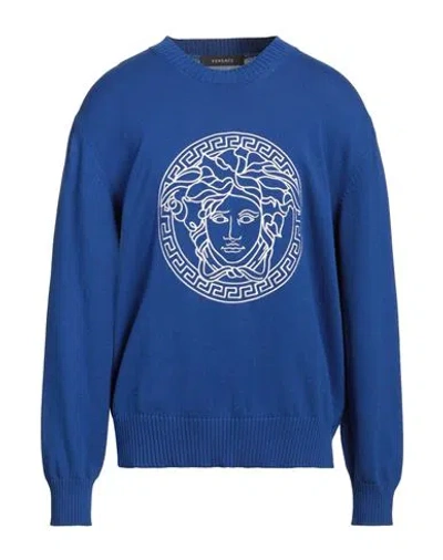 Versace Man Sweater Bright Blue Size 46 Cotton, Viscose, Polyester