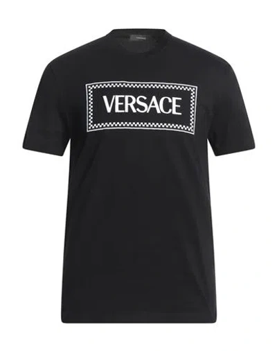 Versace Black Crewneck T-shirt With Contrasting Logo Lettering Print In Cotton