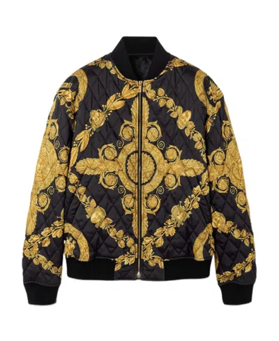 Versace Maschera Baroque-print Quilted Bomber Jacket In Gold Tone/black