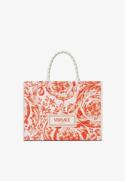 Versace Medium Barocco Athena Raffia Tote Bag In Coral