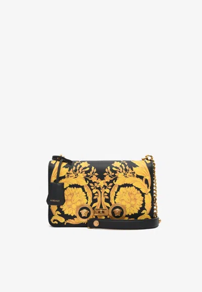 Versace Medium Barocco Print Shoulder Bag In Calf Leather In Black
