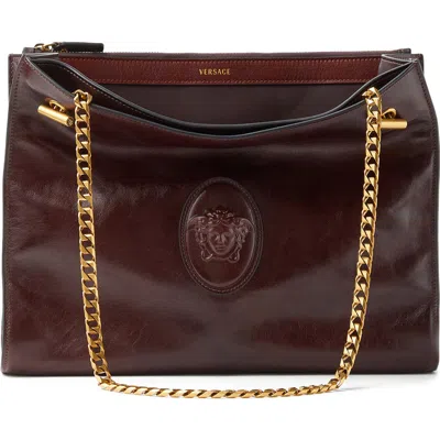 Versace Cabine Leather Shoulder Bag In Brown