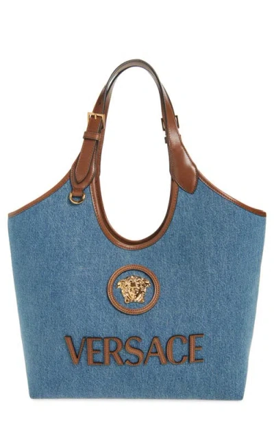Versace La Medusa Medium Leather Top Handle Tote In Blue