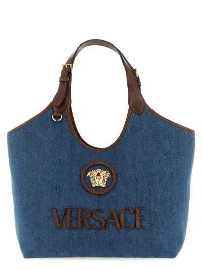 Versace La Medusa Medium Leather Top Handle Tote In Blue