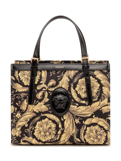 Versace Medium Leather Tote Handbag In Black/mltclr Gold