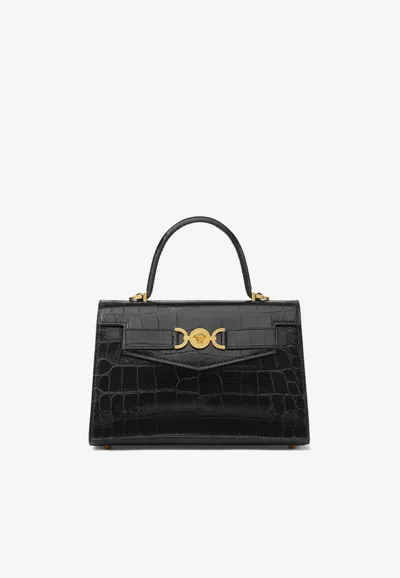 Versace Medium Medusa '95 Croc-embossed Leather Top Handle Bag In Black