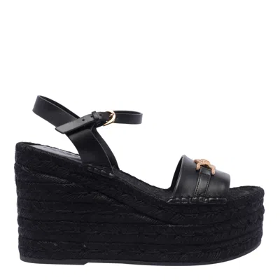 Versace Embellished Leather Espadrille Wedge Sandals In Black
