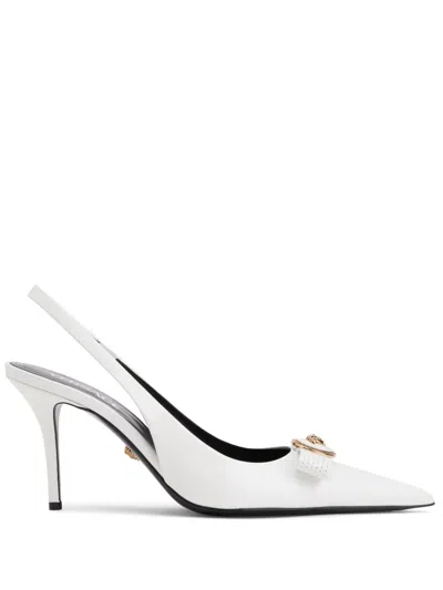 Versace Pointed Toe Slingback Heels With Textured Bow And Gold Medallion In Multi