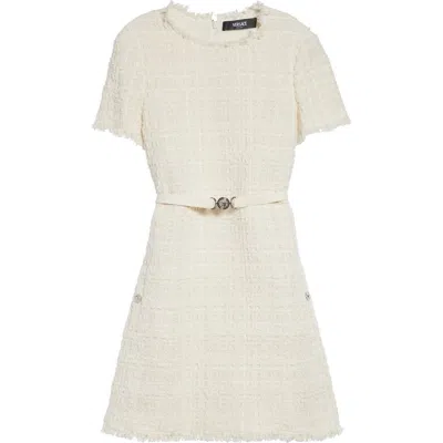 Versace Belted Metallic Cotton-blend Tweed Mini Dress In White