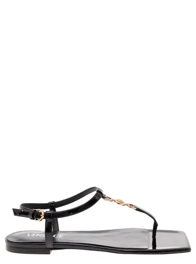 VERSACE 'MEDUSA '95' BLACK LOW SANDALS WITH LOGO DETAIL IN SNAKE-PRINTED LEATHER WOMAN