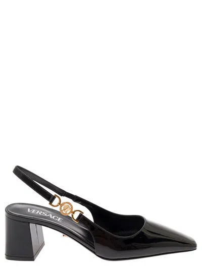 VERSACE 'MEDUSA 95' BLACK SLINGBACK PUMPS WITH MEDUSA DETAIL IN PATENT LEATHER WOMAN