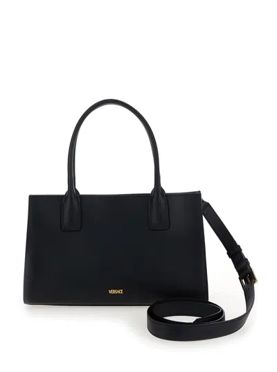 Versace Medusa 95 Black Tote Bag With Logo Detail In Smooth Leather Woman