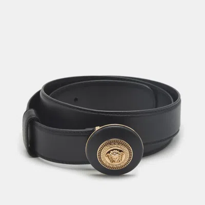 Pre-owned Versace Medusa 95 Cm Buckle Belt Black Leather