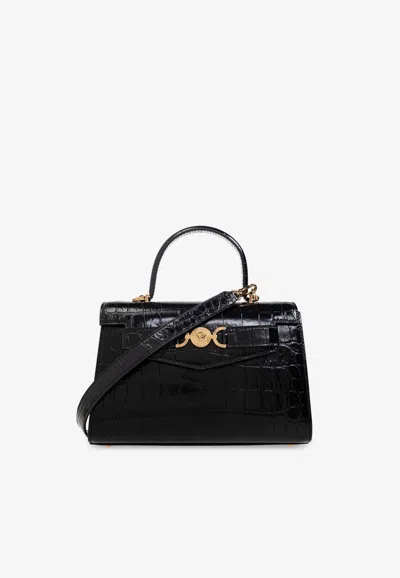Versace Medusa '95 Croc-embossed Leather Handbag In Black