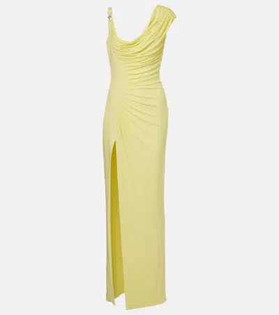 Versace Medusa '95 Draped Crêpe Jersey Maxi Dress In Yellow
