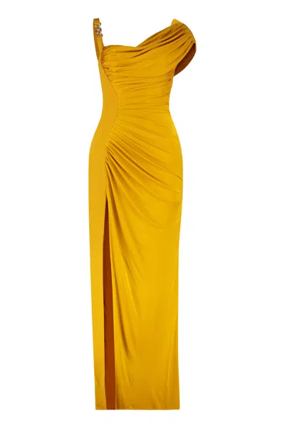 Versace Long Gown Asymmetric Draped Panels Straps In Multi