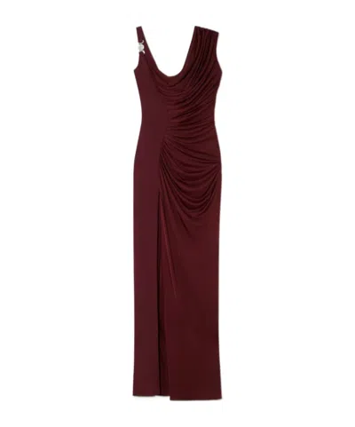 Versace Asymmetrical One Shoulder Long Evening Dress In Burgundy