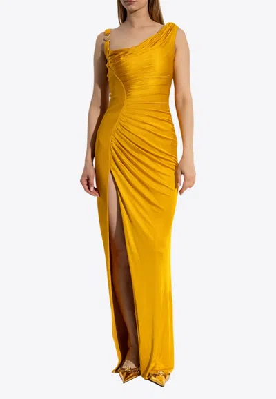 Versace Orange Sleeveless Long Dress With Medusa Plaque On The Front Draping In Yellow