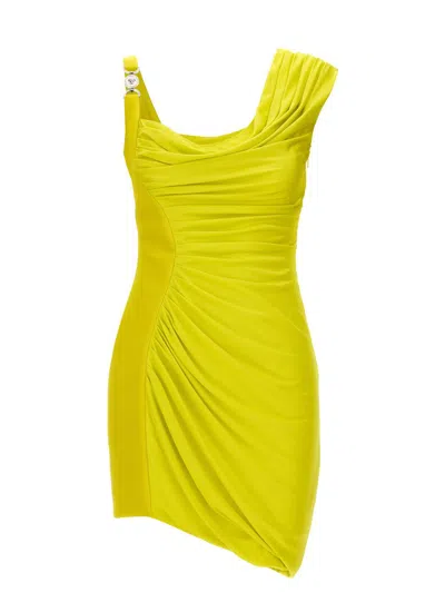 Versace Asymmetric Embellished Draped Jersey Mini Dress In Yellow