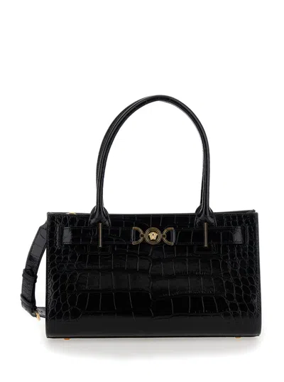 Versace Croc-effect Medusa '95 Tote Bag In Black+gold