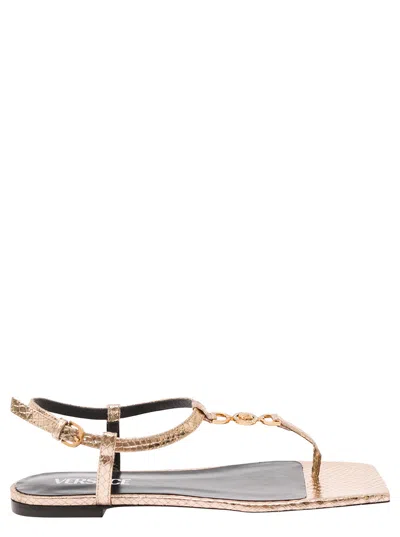 Versace 'medusa '95' Gold-colored Low Sandals With Logo Detail In Snake-printed Leather Woman In Silver
