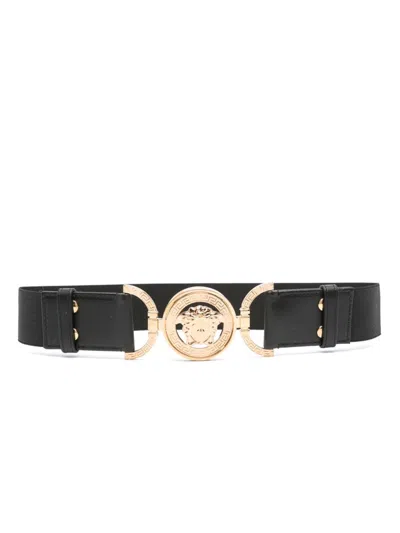 Versace Medusa Head-buckle Elastic Belt In Black
