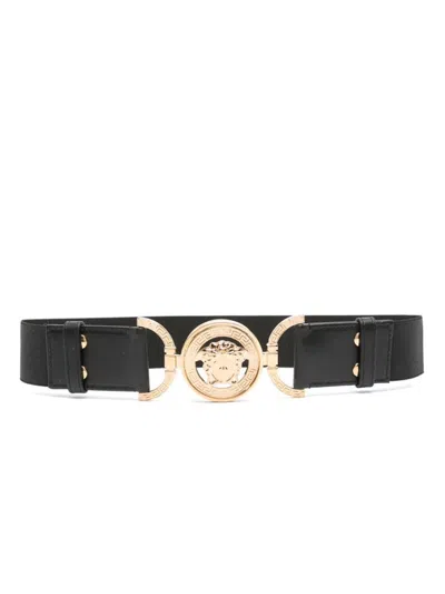 Versace Medusa Head-buckle Elastic Belt In Black