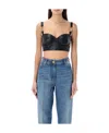 Versace Embellished Jersey-paneled Leather Bustier Top In Blue