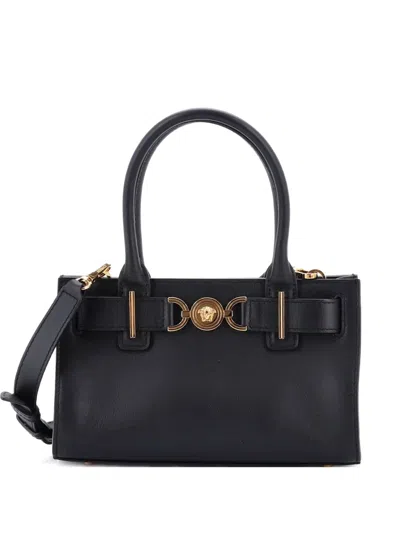 Pre-owned Versace Medusa 95 Leather Small Tote Bag In Black