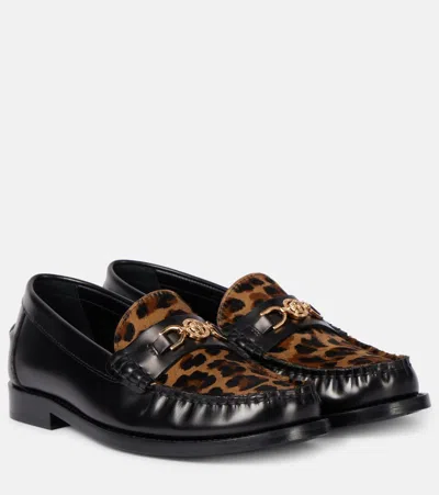 Versace 20mm Leather Loafers In Black/leopard