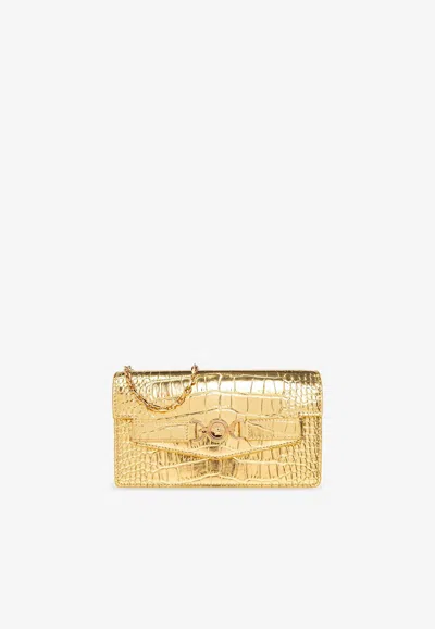 Versace Medusa '95 Metallic Croc-embossed Clutch Bag In Gold