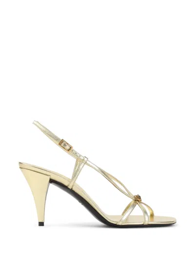 Versace Laminated Saddle Metallic Calf Leather Pumps With 8cm Heel In Nude