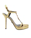 Versace Womens T-bar 95 Metallic-leather Heeled Sandals Gold In Nude