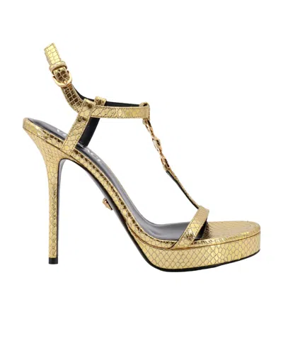 Versace Womens T-bar 95 Metallic-leather Heeled Sandals Gold In Nude