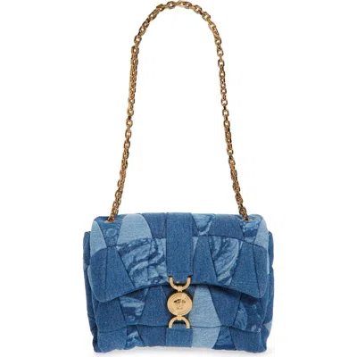 Versace Medusa 95 Quilted Patchwork Denim Shoulder Bag In Blue  Gold