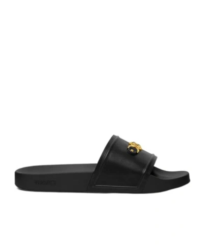 Versace Black Sandals With Medusa Plaque On The Front In Tech Fabric Man