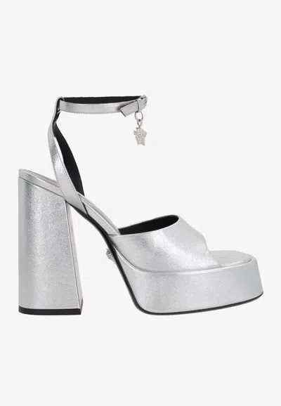 Versace Medusa Aevitas 120 Platform Sandals In Laminated Leather In Silver
