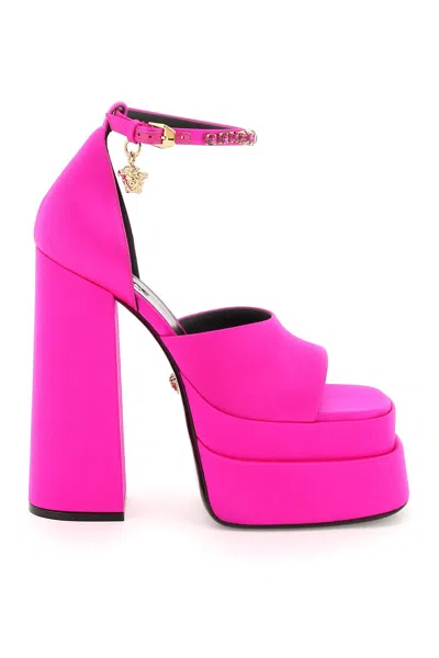 Versace Fuchsia Satin Medusa Aevitas Sandals In Pink