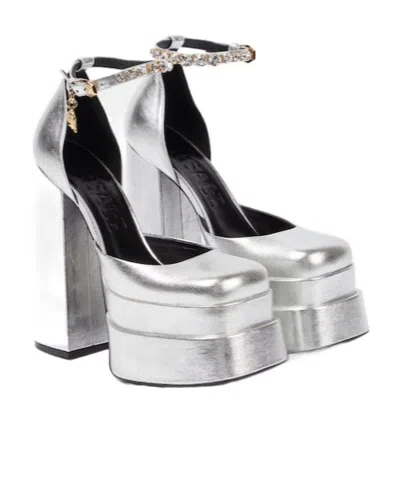 Versace Medusa Aevitas Leather Platform Pumps In Silver