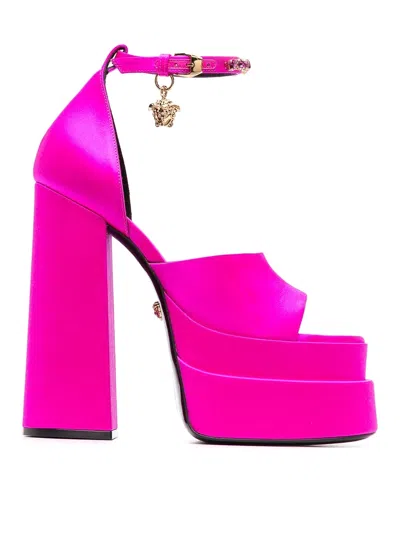 Versace Fuchsia Satin Medusa Aevitas Sandals In Pink