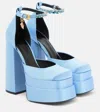 Versace Medusa Aevitas Satin Platform Pumps In Ice Blue-oro