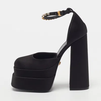 Pre-owned Versace Medusa Aevitas Size 38 Black Satin Crystal Embellished Double Platform Pumps