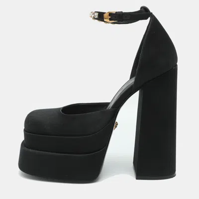 Pre-owned Versace Medusa Aevitas Size 38 Black Satin Double Platform Pumps