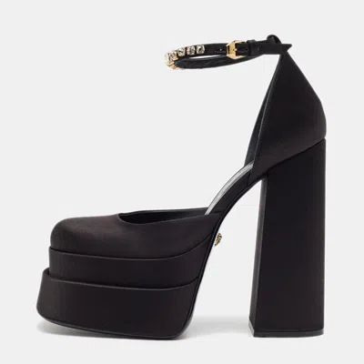 Pre-owned Versace Medusa Aevitas Size 40 Black Satin Double Platform Pumps