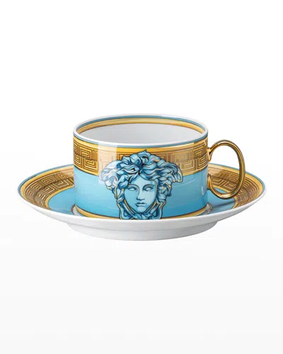 Versace Medusa Amplified Blue Coin Tea Cup And Saucer In Multi