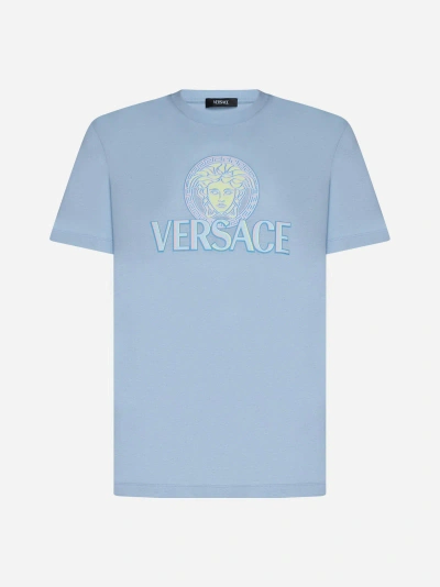 Versace Medusa Compact Cotton T Shirt In Light Blue