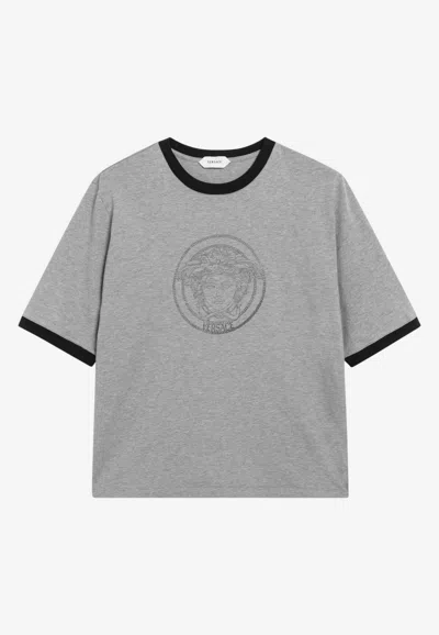 Versace Cotton Jersey T-shirt With Printed Logo In Gray
