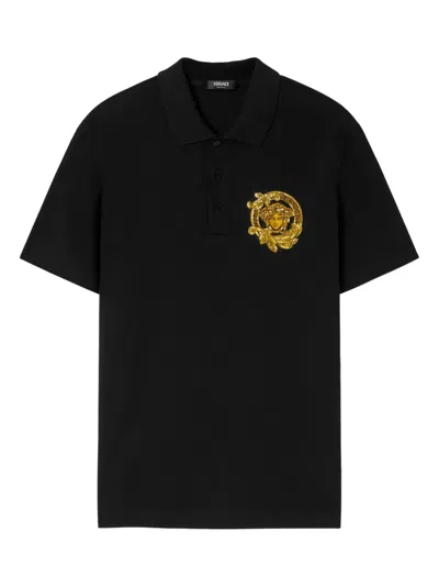 Versace Medusa-appliqué Polo Shirt In Black