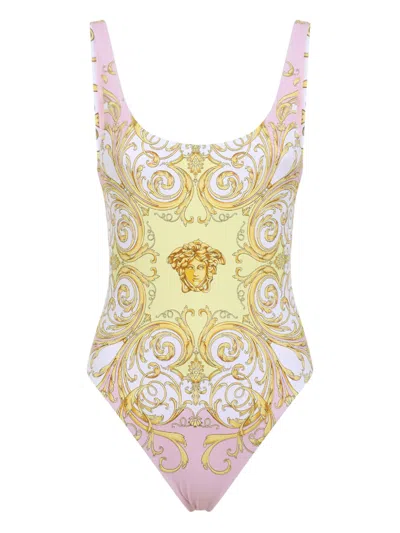 Versace Multicolor One-piece Swimsuit With All-over Medusa Print In Stretch Fabric Woman In Gold