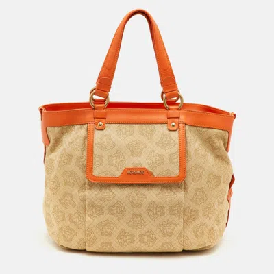 Versace Medusa Beige Canvas And Leather Tote In Sand